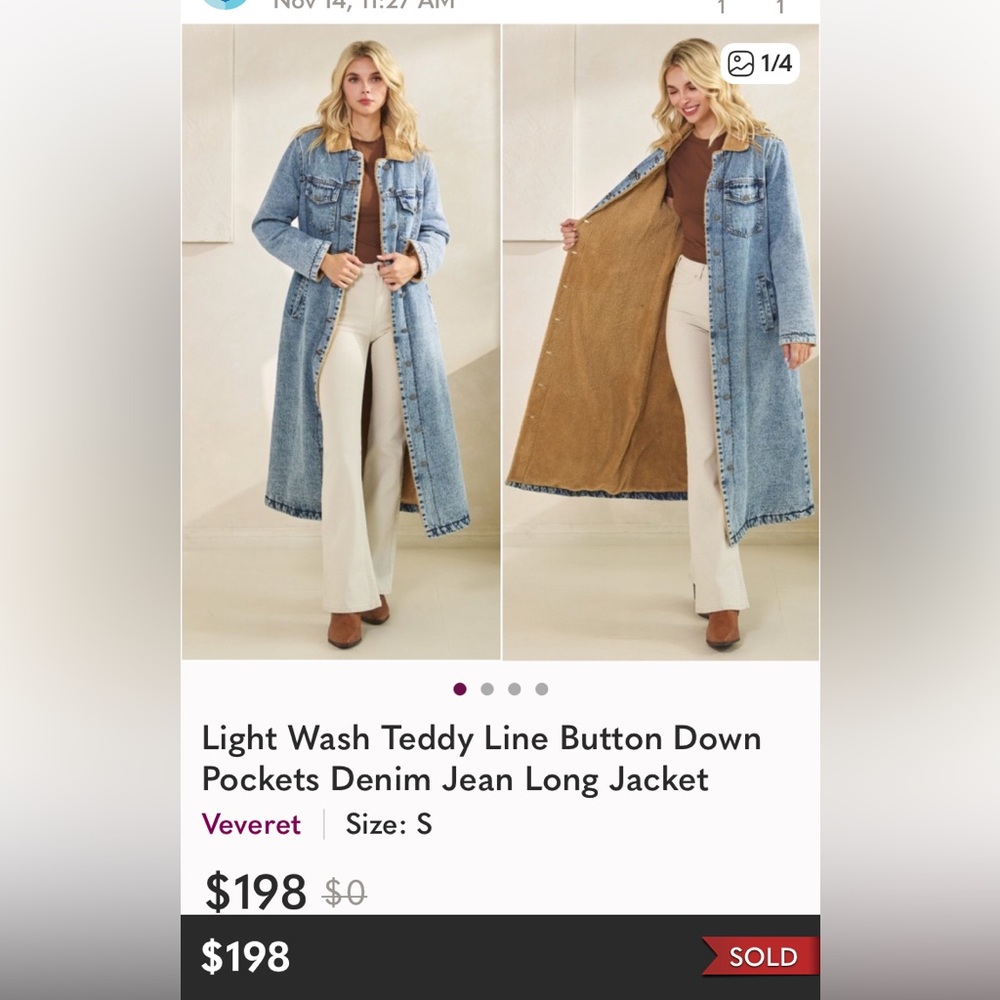 Light Wash Teddy Line Button Down Pockets Denim Jean Long Jacket - Picture 5 of 5